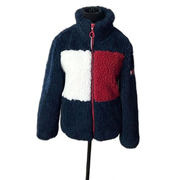 TOMMY HILFIGER Women's Sherpa Jacket Color block logo full-zip teddy bear XS EUC - Picture 1 of 16